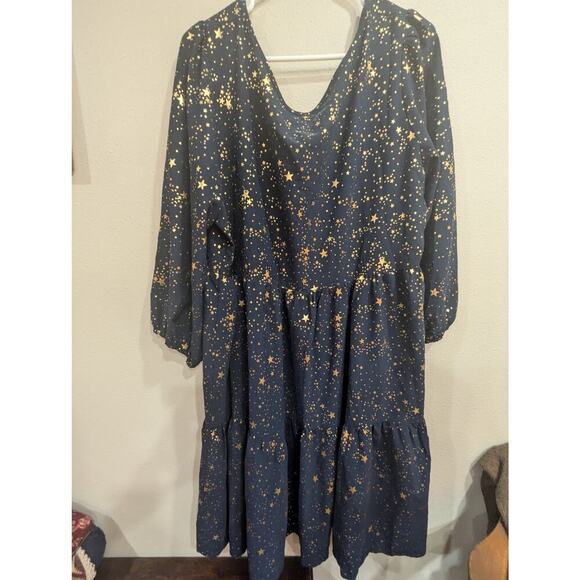 Gorgeous long sleeve navy cupcake style tiered dress w/gold foil star print 3X - Picture 6 of 10